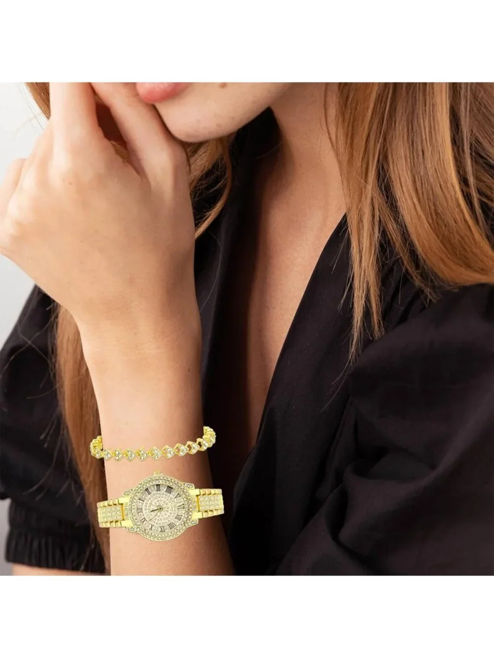 Women's All Gold Analog Quartz Diamond Bracelet Set Luxury Cubic Zirconia Watch